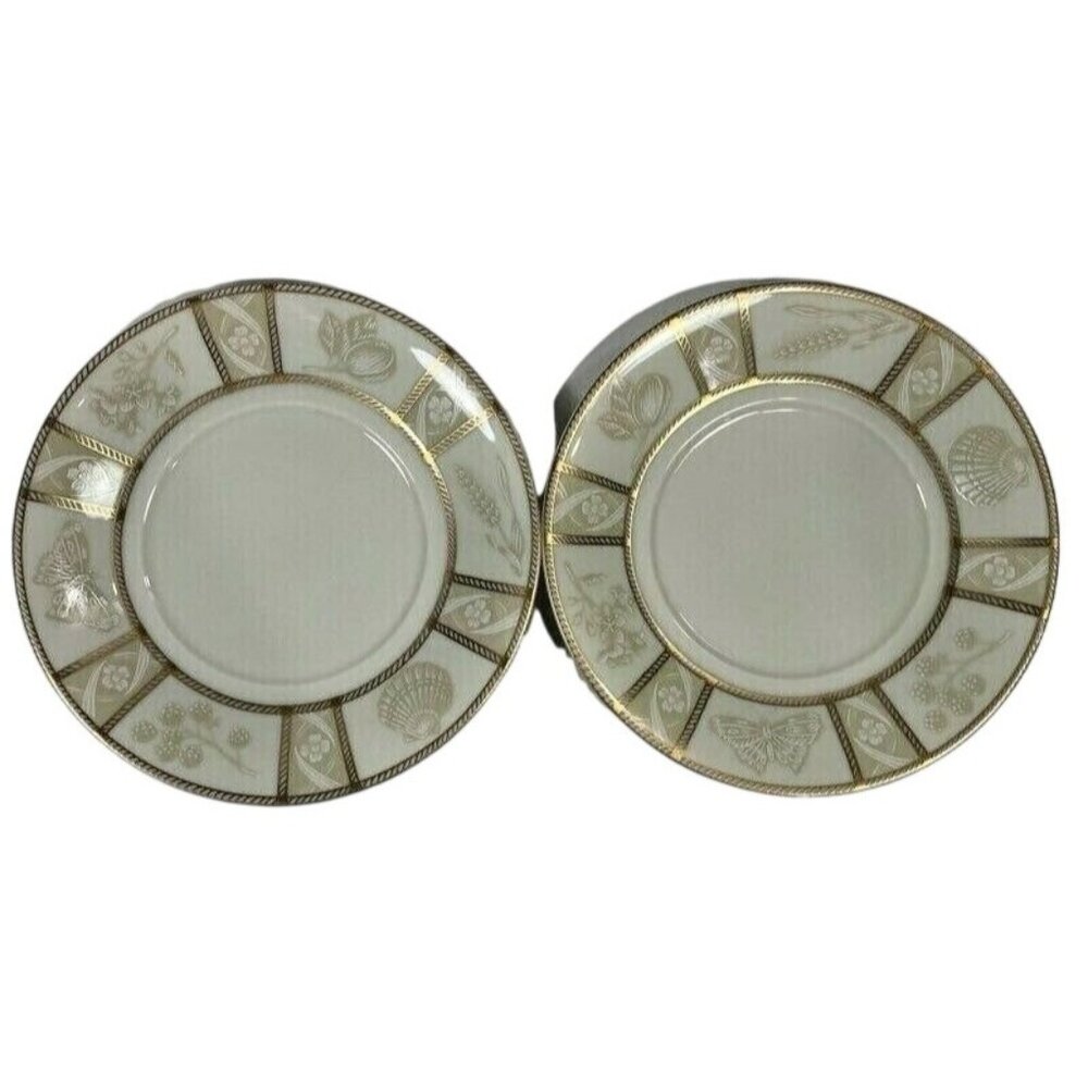 2 Mikasa Natures Theme Nancy Green Saucer Plates Beige Gold Japan Fine China 6"